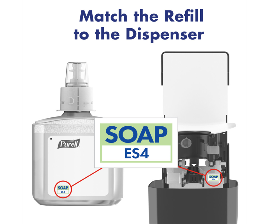 A soap refill bottle labeled ES4 next to an open dispenser showing where the refill matches inside. PURELL® ES4 Graphite Soap Dispenser (1200 ml., 1 Dispenser/Case)